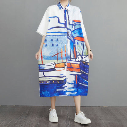 期間限定⭐60%OFF【ワンピース】着痩せ ワンピース 大きいサイズ シャツドレス レトロ柄 半袖 夏 ゆるシルエット ウエストマーク Aライン ロング丈 新作 お洒落 カジュアル【SHシリーズ】