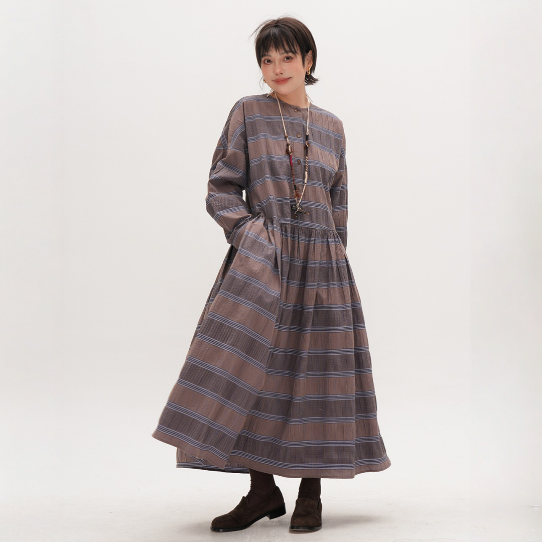 【ワンピース】春 秋 チェック柄 着痩せ効果 ミディ丈 ニッチ 長袖 ワンピース 【JZシリーズ】