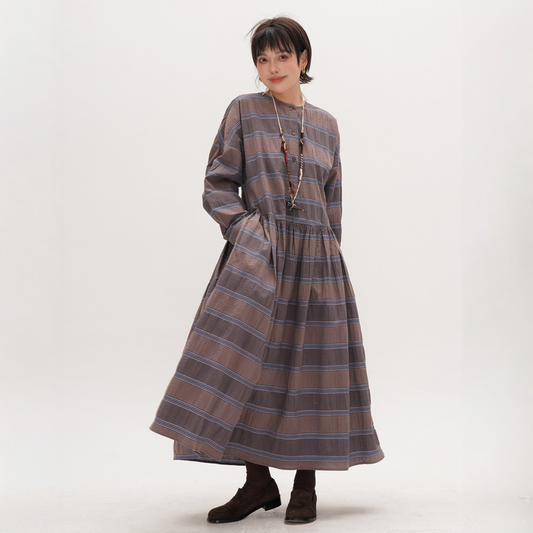 【ワンピース】春 秋 チェック柄 着痩せ効果 ミディ丈 ニッチ 長袖 ワンピース 【JZシリーズ】