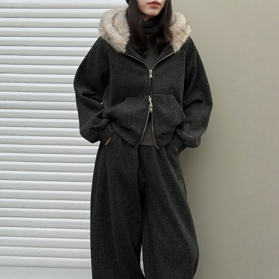 【セットアップ】【単品注文】ファー襟 スウェットアウター + カーブ ワイドパンツ 2点上下セット 【JZシリーズ】