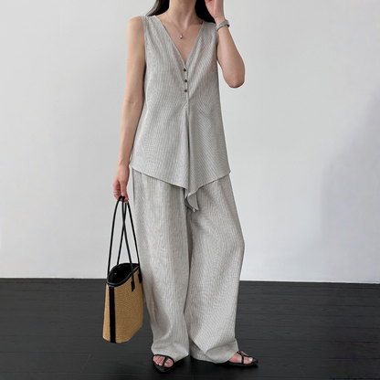 【セットアップ】テンセル×リネン ノースリーブ ストライプトップス + カジュアルロングパンツ 2点上下セット 【JZシリーズ】