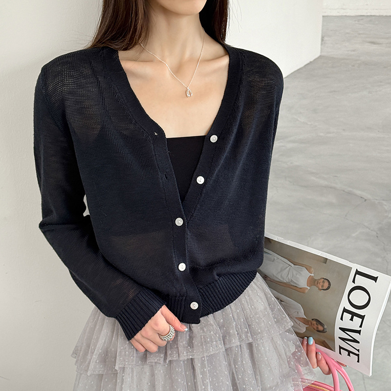 【トップス】Vネック ニットカーディガン レディース 春新作 薄手 長袖 ショート丈 無地 ゆったり 冷房対策【JZシリーズ】