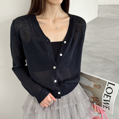 【トップス】Vネック ニットカーディガン レディース 春新作 薄手 長袖 ショート丈 無地 ゆったり 冷房対策【JZシリーズ】