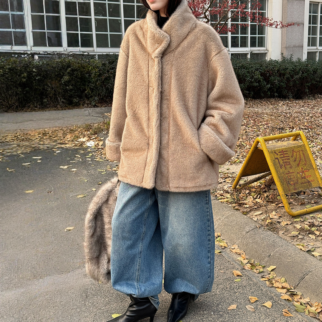 【アウター】エコミンク風ファー 春 秋 冬 立ち襟 フェイクファー スエード調裏地 もこもこ コート 【JZシリーズ】