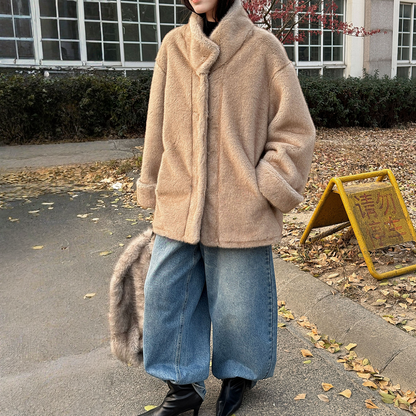 【アウター】エコミンク風ファー 春 秋 冬 立ち襟 フェイクファー スエード調裏地 もこもこ コート 【JZシリーズ】