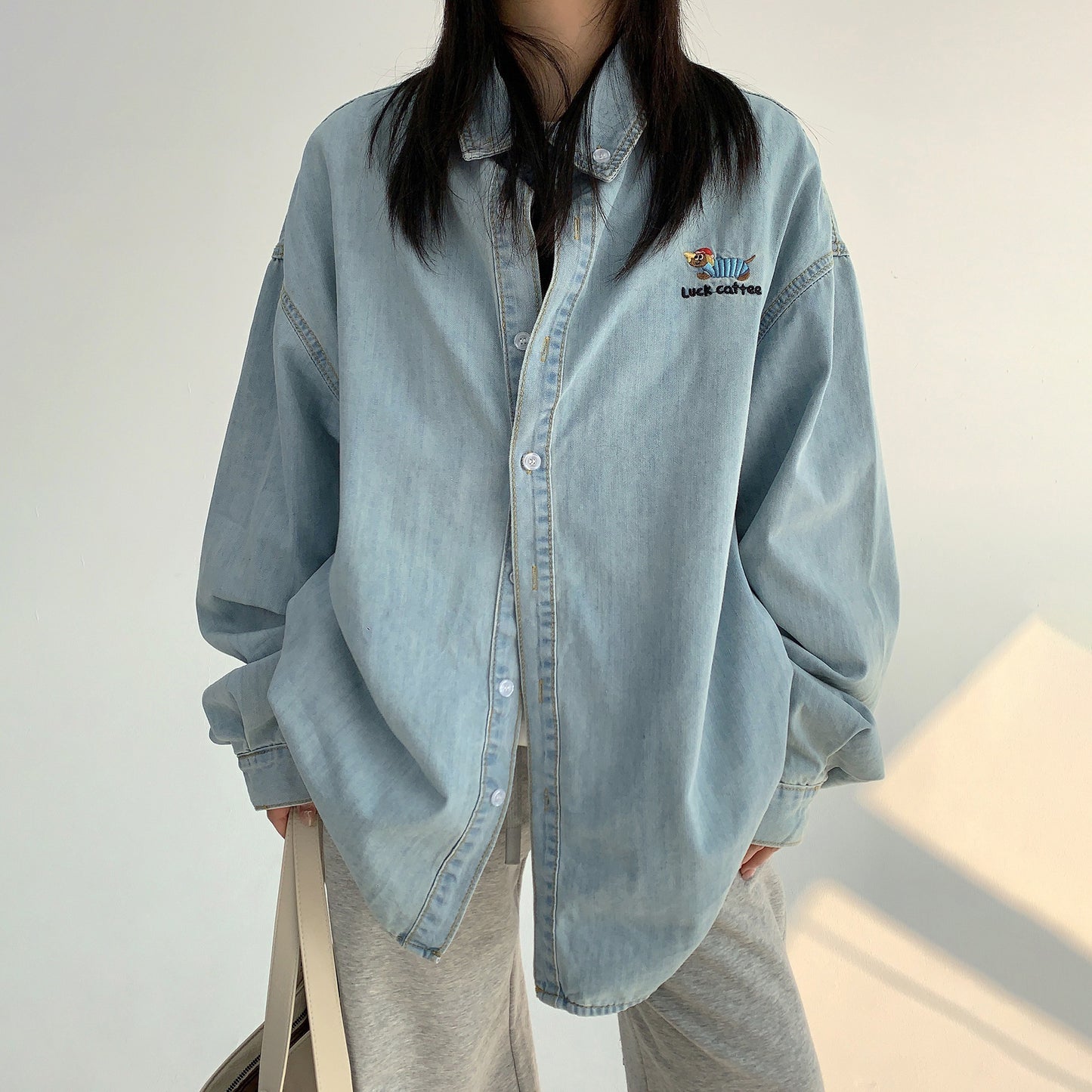 【トップス】春秋 シンプル カートゥーン刺繍 デニム 長袖 シャツ【FCシリーズ】