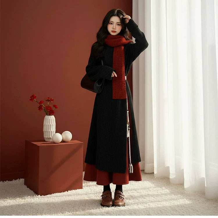 【セットアップ】春 秋 冬 ニット ワンピース+ ベルト+ スカート 3点セット 【JZシリーズ】
