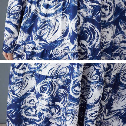 【ワンピース】韓国風 春秋新作 ゆったり大きめサイズ 体型カバー 花柄長袖ミディアムワンピース【SHシリーズ】