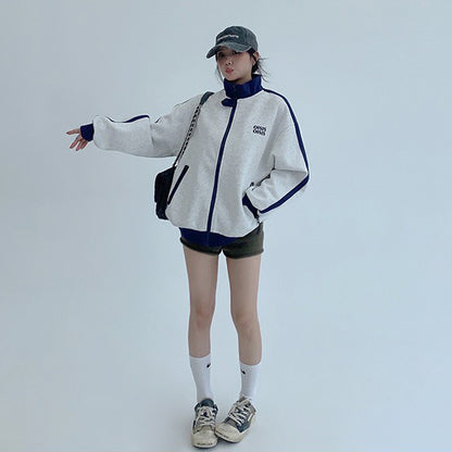 【アウター】ユニセックス スタンドカラーショートブルゾン アメカジ風 配色切り替え ビッグシルエット【FCシリーズ】【10～15日内発送】