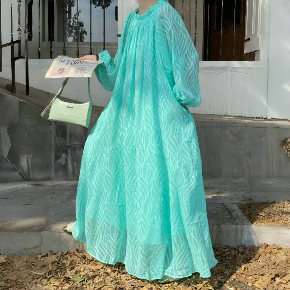 [洋裝] 韓版春夏露肩圓領2way寬鬆長袖連身裙