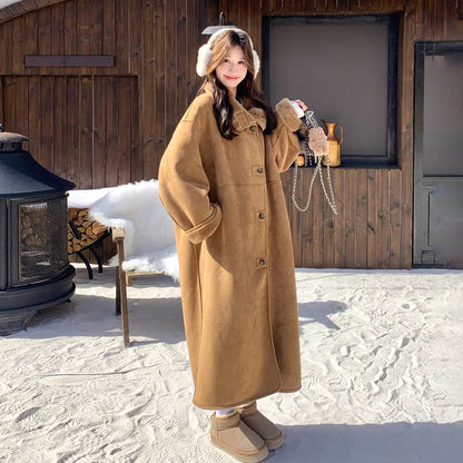 【アウター】韓国風 リバーシブル スエード調 × シープボア ロング丈 レディース 冬 新作 綿入れコート【JZシリーズ】