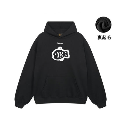 【トップス】魚プリントブラックパーカー ユニセックス ペアルック オーバーサイズ カジュアル【FCシリーズ】