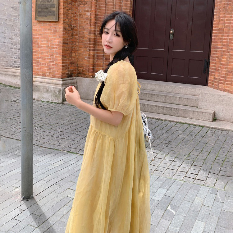 【ワンピース】イエロー ロングワンピース 夏 ゆったり バックシャン リボンデザイン 体型カバー リゾートドレス【JZシリーズ】