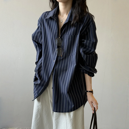 【トップス】春 秋 夏 冬 ストライプ柄 立襟 長袖 シャツ 【JZシリーズ】