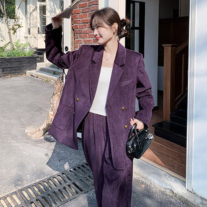 2点セット！【セットアップ】ライトラグジュアリー コーデュロイ 上下セット 2026春新作 ダブルブレスト ジャケット＆ワイドパンツ レディース【JZシリーズ】