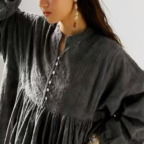 刺繡長袖寬鬆連身裙｜慵懶感文藝風長洋裝【JZ系列】