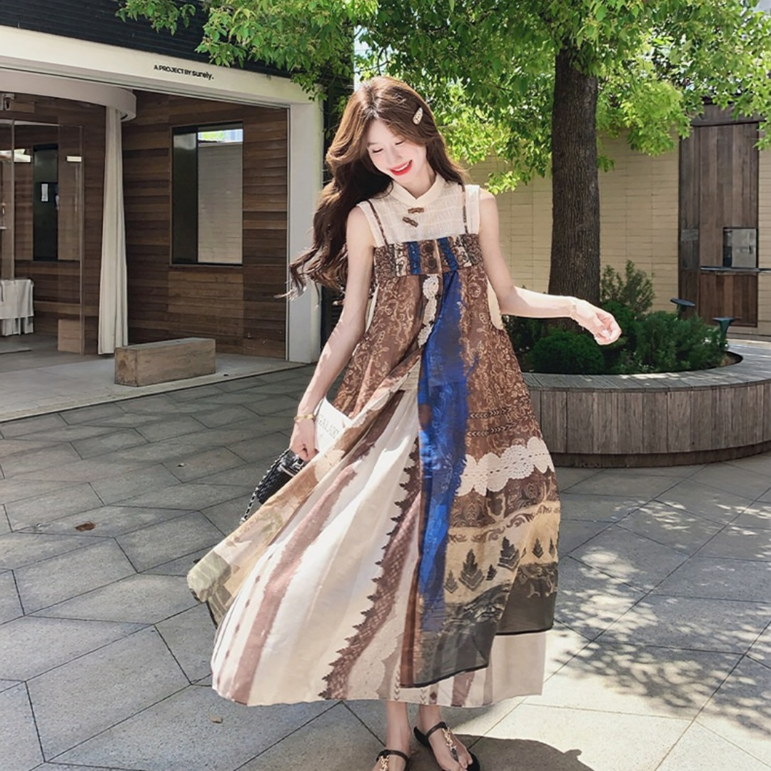 【ワンピース】レトロプリント 個性的 レイヤード 切り替えワンピース + キャミソール ワンピース 2点ワンピースセット 【SHシリーズ】