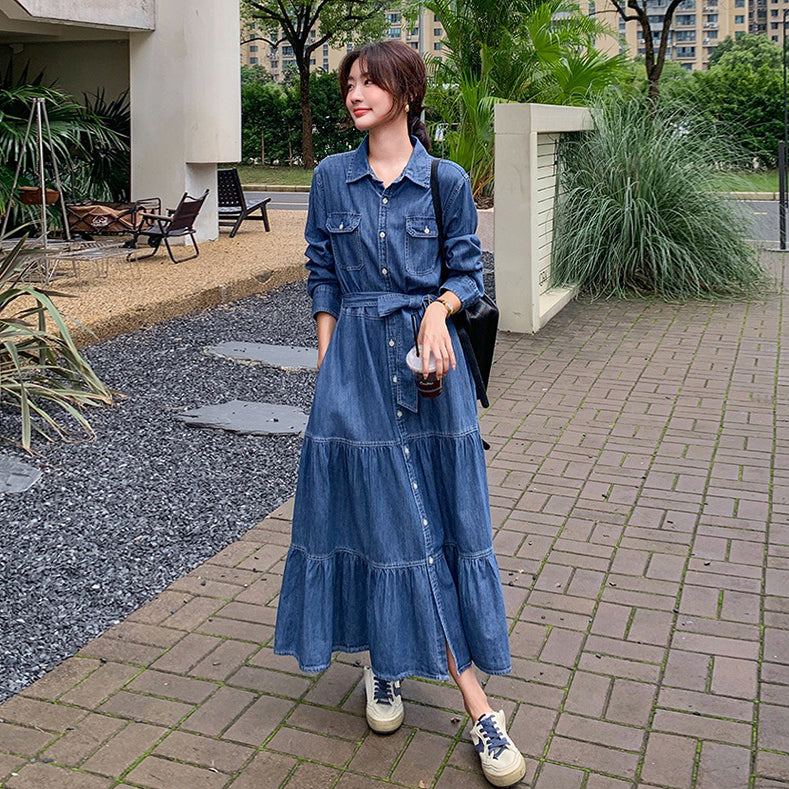 【ワンピース】高級感レトロ  デニム 長袖シャツワンピース 人気 ウエストマーク ロングワンピース【JZシリーズ】