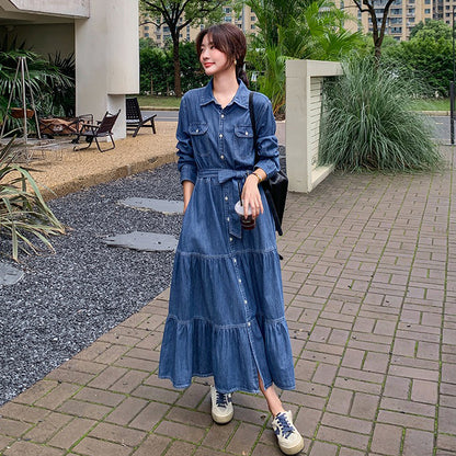【ワンピース】高級感レトロ  デニム 長袖シャツワンピース 人気 ウエストマーク ロングワンピース【JZシリーズ】