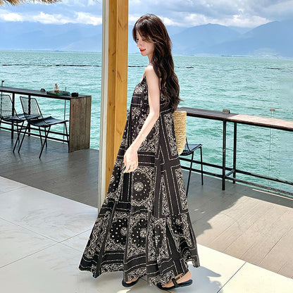 【ワンピース】夏 ブラック×エスニック風 大人上品ノースリーブ  キャミソールロングワンピース【SHシリーズ】