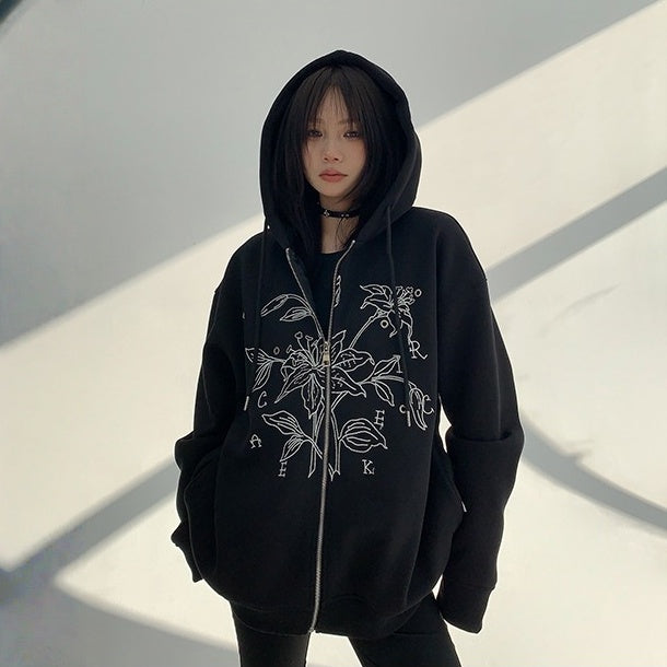 アウター】春 秋 冬 フード付き 刺繍 厚手 パーカー 【FC