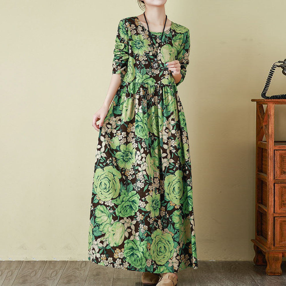 【ワンピース】花柄 気質アップ レディース 長袖ワンピース リゾート風 旅行用 丸首 ヴィンテージ風 レス【SHシリーズ】