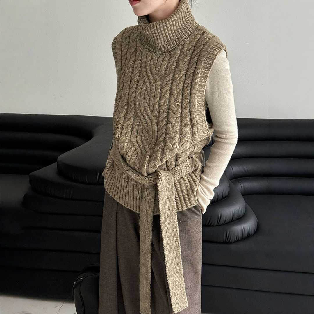【トップス】春 秋 冬 ハイネック ケーブル ベルト付き ノースリーブ セーター 【JZシリーズ】