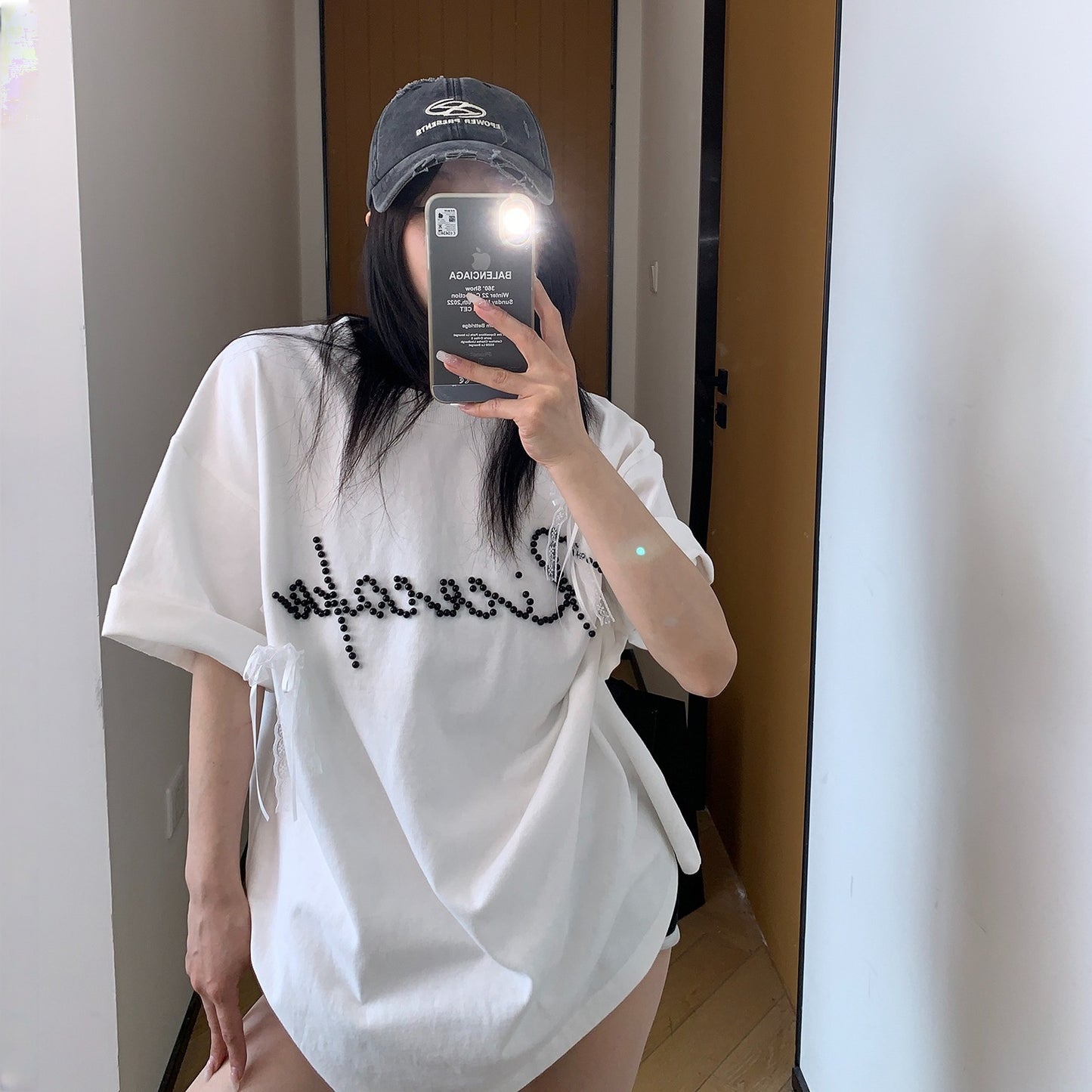 【トップス】夏  リボン ビジュー レース ルーズ 半袖 Ｔシャツ 【FCシリーズ】