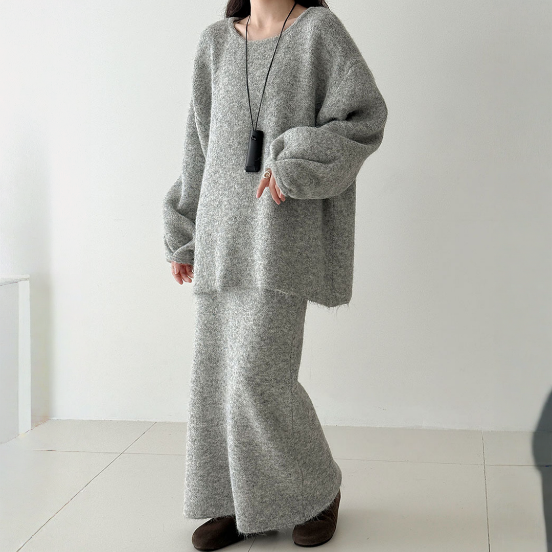 【セットアップ】春 秋 冬 バックボタンニット セーター + スカート 2点上下セット 【JZシリーズ】