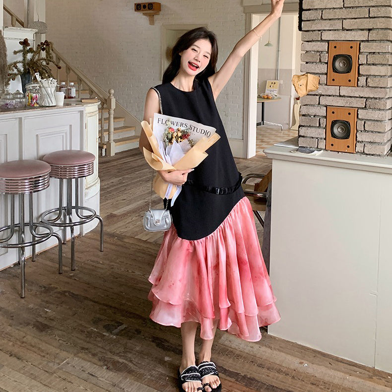 【ワンピース】高見え ノースリーブ花柄切替ワンピース トレンド感ある上品な美シルエット【SHシリーズ】