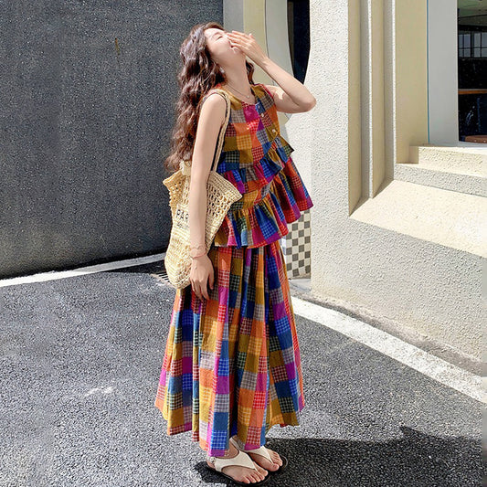 💥 バズり中！【セットアップ】めちゃ可愛い ドーパミンカラー チェック柄 ノースリーブセットアップ 超人気 上下セット【SHシリーズ】