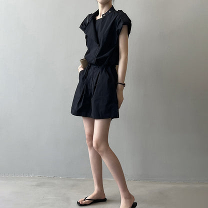 【ボトムス】ハイウエスト 夏 ワーク風 オールインワン  スタンドカラー フリルスリーブ シャツ風 ショート丈ジャンプスーツ【JZシリーズ】