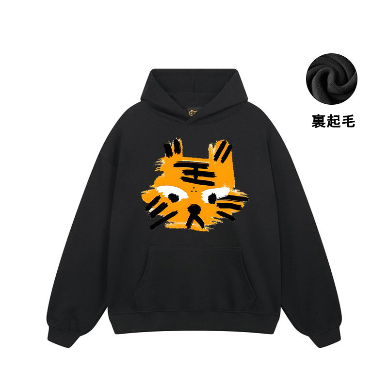 【トップス】🐱ストリートタイガーヘッドプリント裏起毛パーカー ユニセックス ペアルック 秋冬 オーバーサイズ【FCシリーズ】