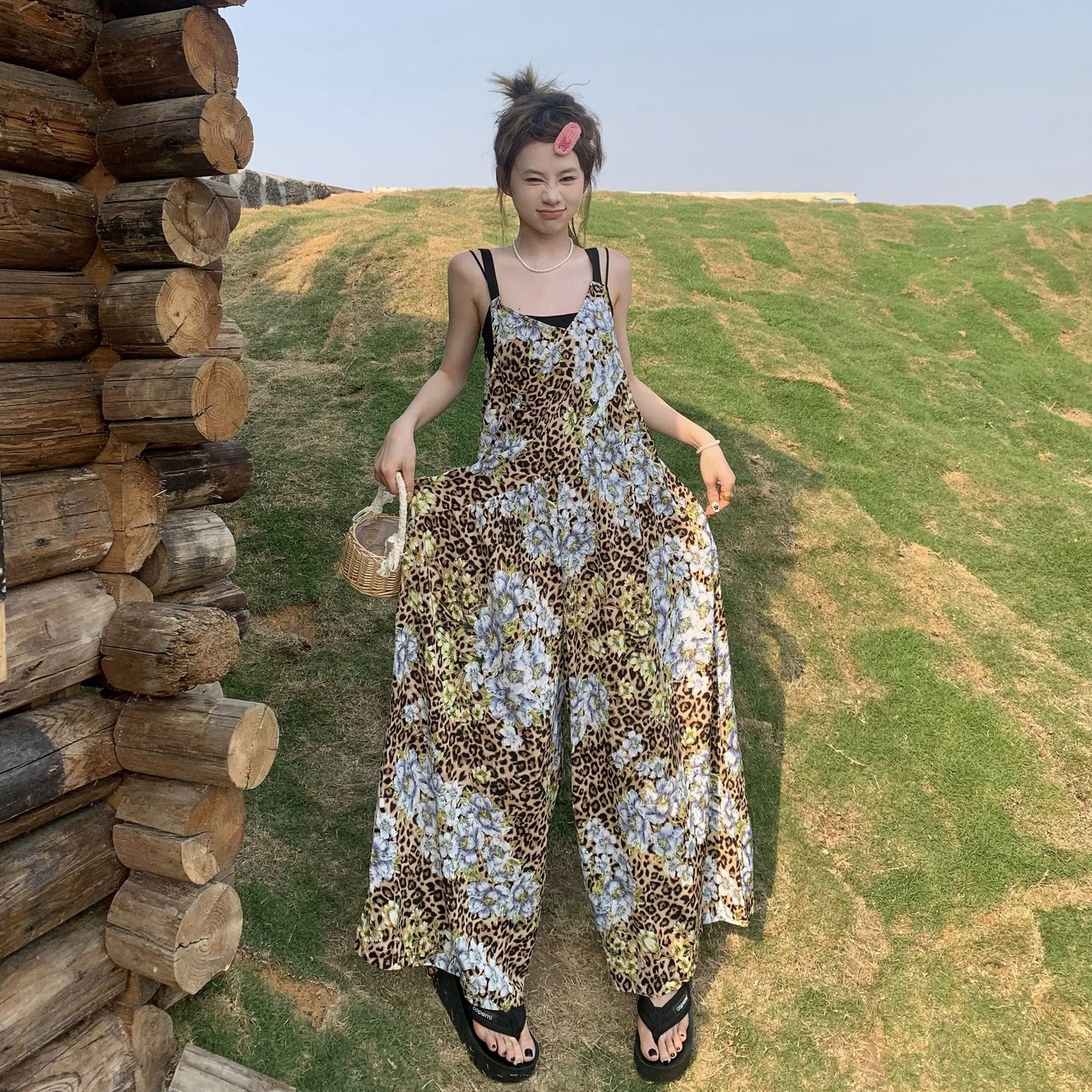 【ボトムス】夏新作 優雅に揺れる 雪青フラワー柄 オーバーサイズサロペット オールインワン【SHシリーズ】