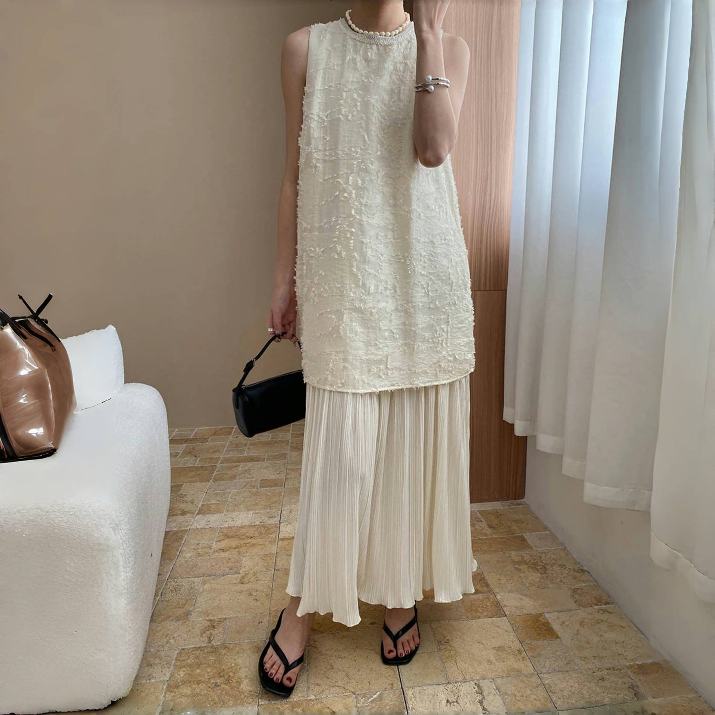 【ワンピース】夏 テンセル フェイクレイヤード ノースリーブ ワンピース【SNシリーズ】