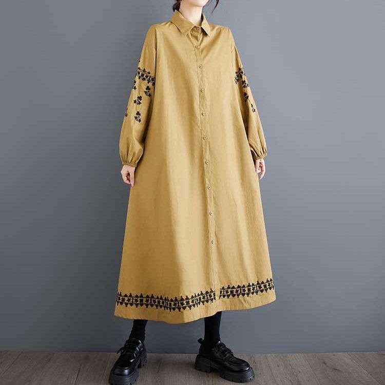 【ワンピース】春 秋 冬 刺繍 スイート 切り替え シャツ  長袖 ワンピース 【SHシリーズ】