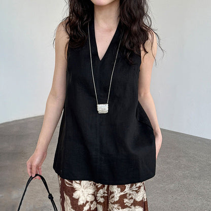 【トップス】デザイン性のある ハイネック 夏の涼感 リラックス Vネック ノースリーブブラウス【JZシリーズ】