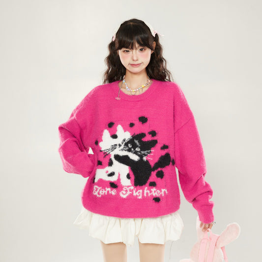 【トップス】ローズレッド 猫 ふわふわニット レディース 秋冬 クルーネック ゆったり 上品 プルオーバー【FCシリーズ】