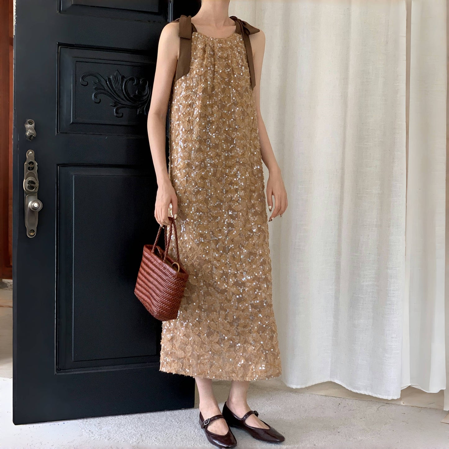 【ワンピース】夏 金箔風 テクスチャ感 スパンコール キャミワンピース  【SHシリーズ】