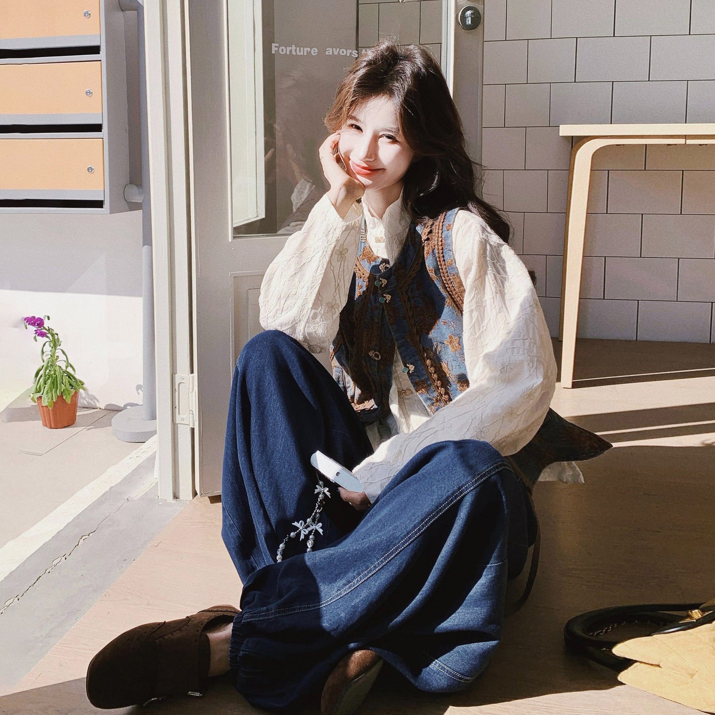 3点セット！【セットアップ】メラードジャカード×配色 ベスト＋中国風シャツ＋ワイドデニムパンツ 上下セット レディース 早春・秋 サン系コーデ【SHシリーズ】