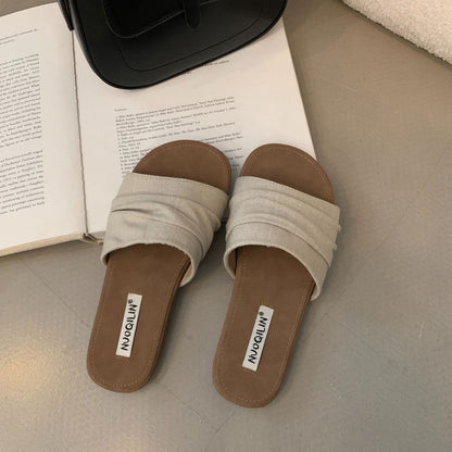 【シューズ】リゾート風 ビーチ リネン プリーツ フラットサンダル 外履き 夏用