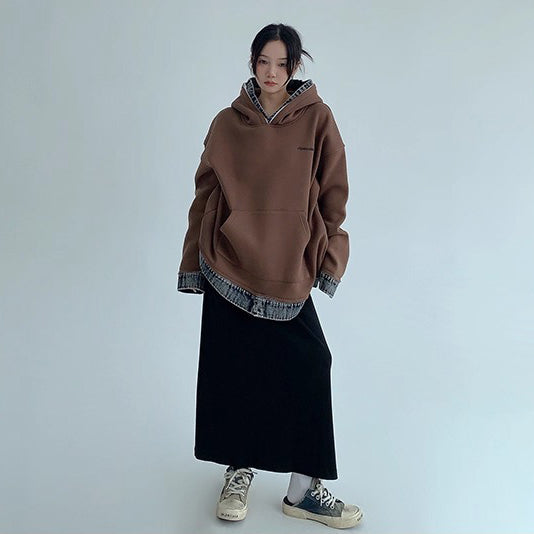 【トップス】春秋冬 配色デニム切り替え 裏起毛 パーカー ゆったり レディース【FCシリーズ】