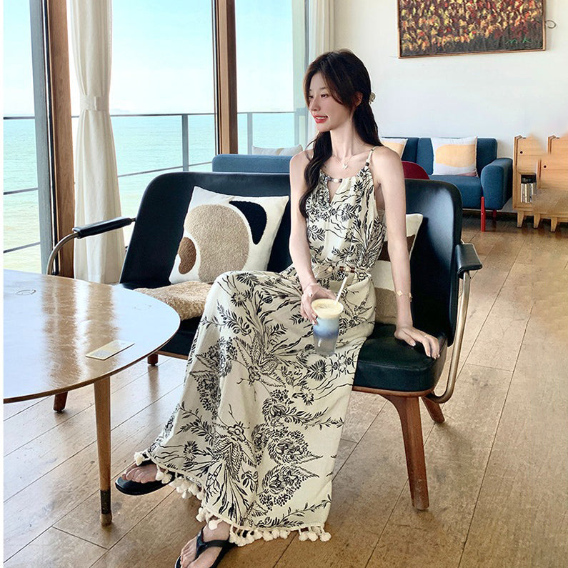 【ワンピース】ヴィンテージ水墨プリント フリンジパッチワーク リゾート風 ノースリーブワンピース【SHシリーズ】