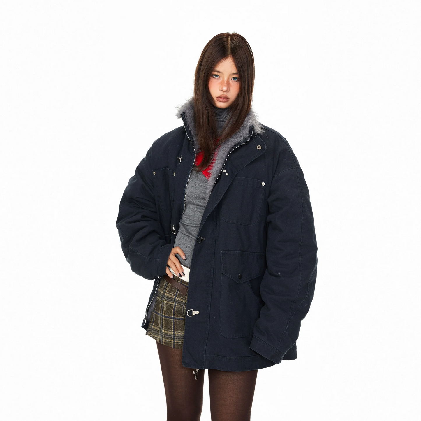 【アウター】フライトバックル 保温性のある ワーク風 ファー襟 綿入れコート 【FCシリーズ】