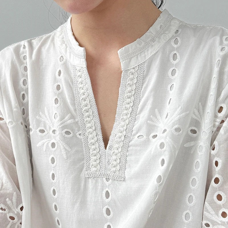 【ワンピース】夏 透かし彫り レース 刺繍 Vネック 半袖 ワンピース【SNシリーズ】