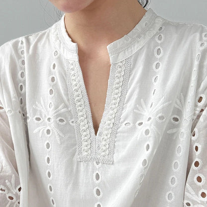 【ワンピース】夏 透かし彫り レース 刺繍 Vネック 半袖 ワンピース【SNシリーズ】