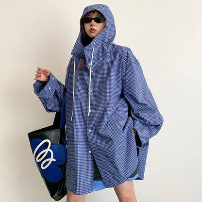 【アウター】春秋 ファッション チェック柄 フード付き ゆったり シャツカーディガン【FCシリーズ】