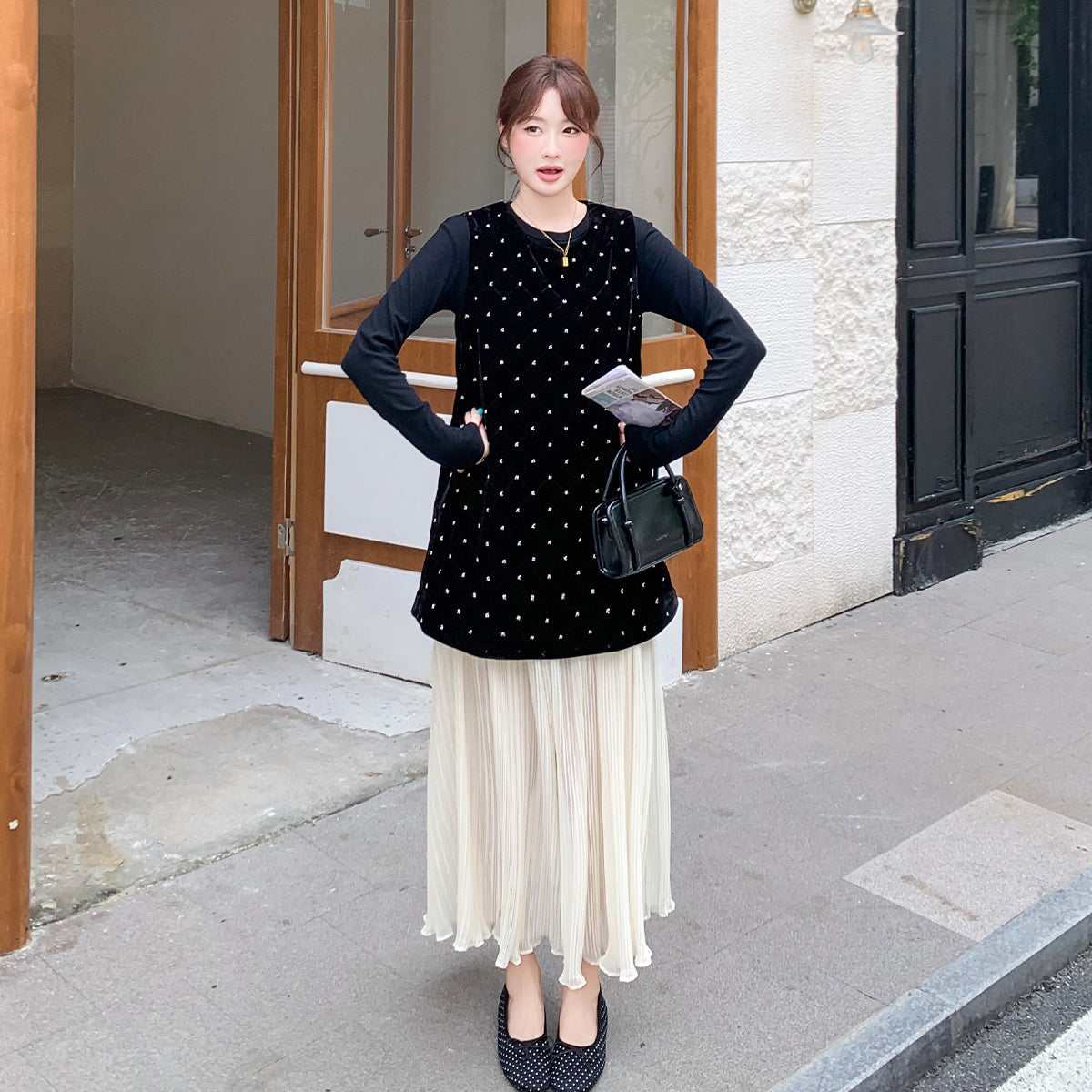 【ワンピース】フレンチ風ドット柄レイヤードベロアワンピース レディース 秋新作 ノースリーブ ロング丈 大人フェミニン【JZシリーズ】