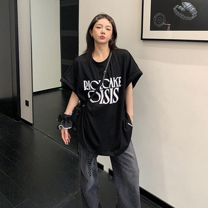 【トップス】韓国風 レタープリント パデッドスリーブ 半袖 ビッグTシャツ 【FCシリーズ】