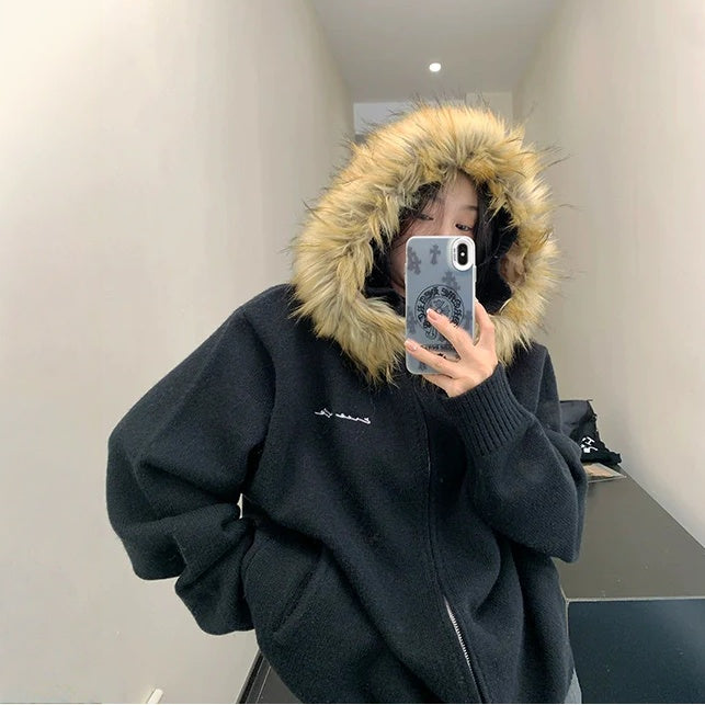 【アウター】春 秋 冬 ファーフード ヘビーウェイト 厚手 ニット ジャケット 【FCシリーズ】